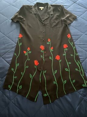 Black Floral Embroidered Button-Front Dress
